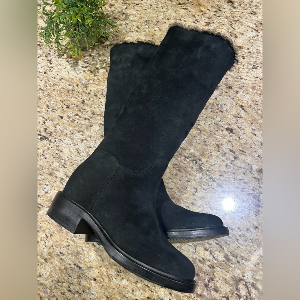 Chanel Suede Knee-High Interlocking CC Logo Black Shearling Trim Riding Boots 41
